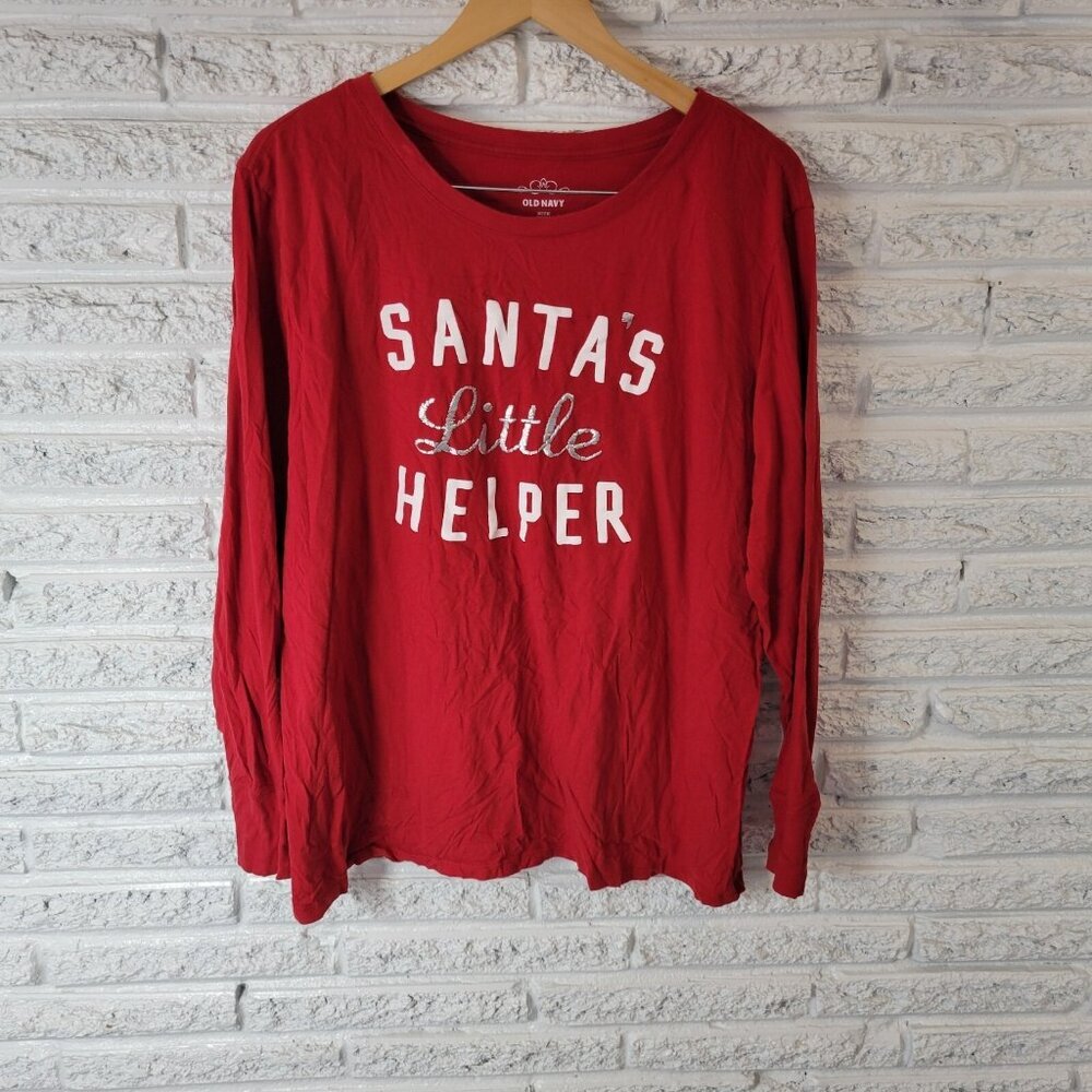 Old Navy Women's XXL Plus Red Christmas Shirt 100% Cotton Long Sleeve Crew NOV8E